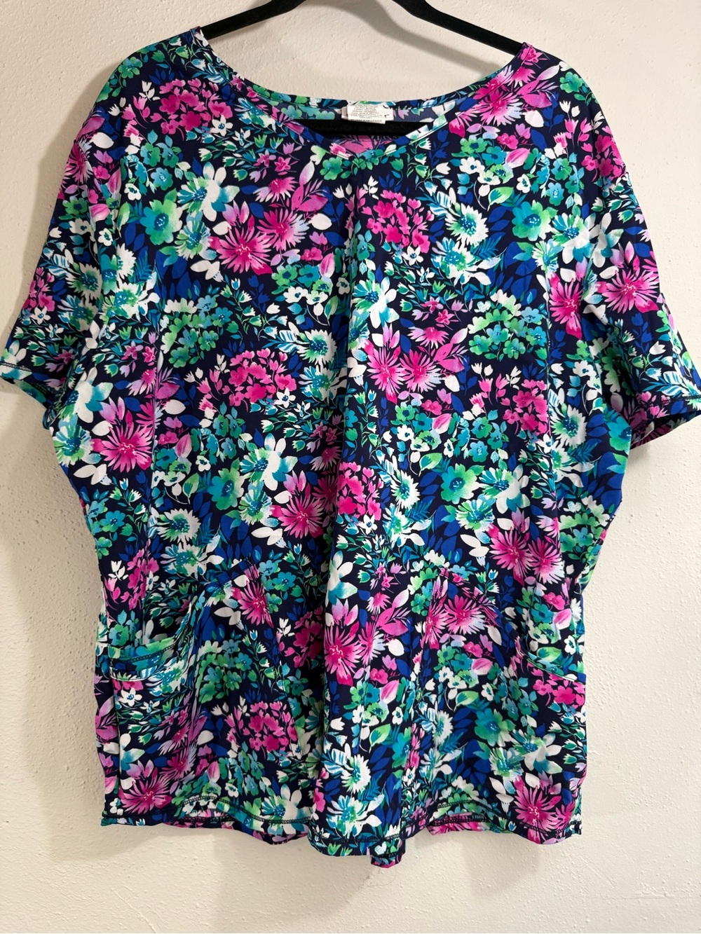 Scrubstar Floral Short Sleeve Top - Navy with Pink & Teal Accents